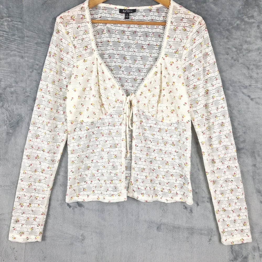Womens Top XL Cream Romantic Floral Lace Babydoll Sheer Coquette Tie Front Fairy